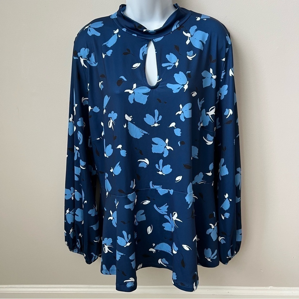 Eloquii Boho Tie Neck L/S Top Keyhole Back Cut Out Stretch Blue Floral 20